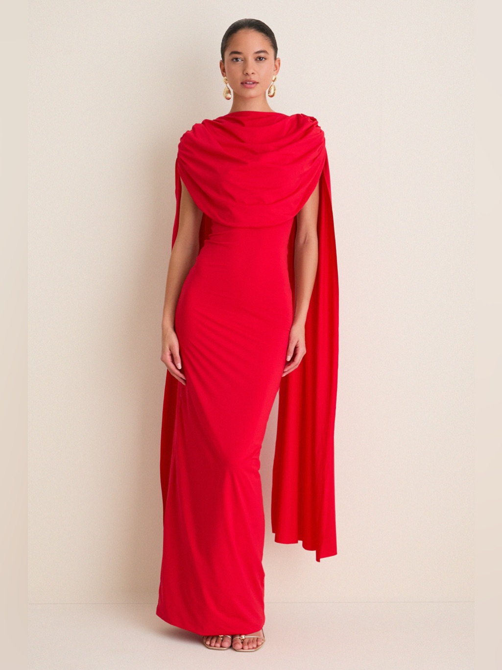 Nwt Maygel Coronel Exclusive Red Batista Long Maxi Cape Dress One Size — image 5 of 8